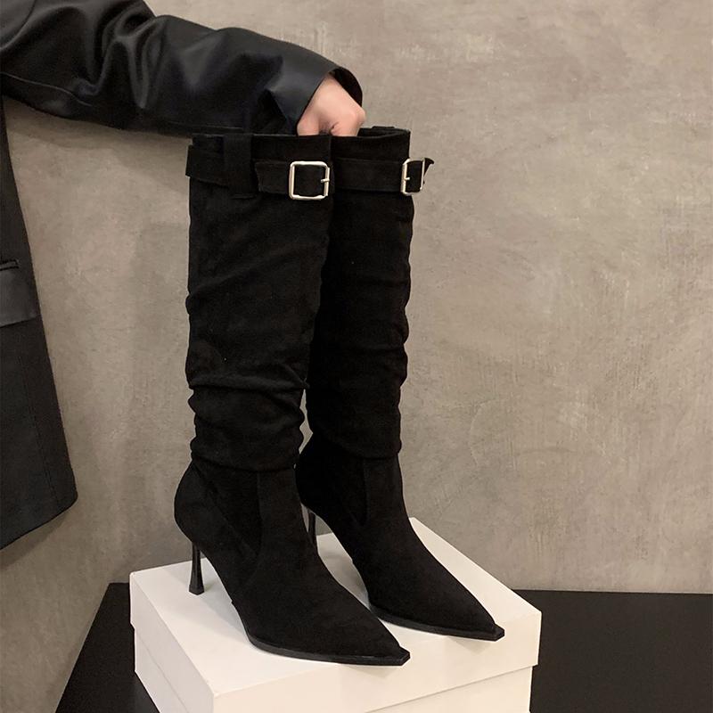 Острый носок на высоком каблуке женские эластичные сапоги до колена модные элегантные туфли для танцев осенние женские современные длинные сапоги