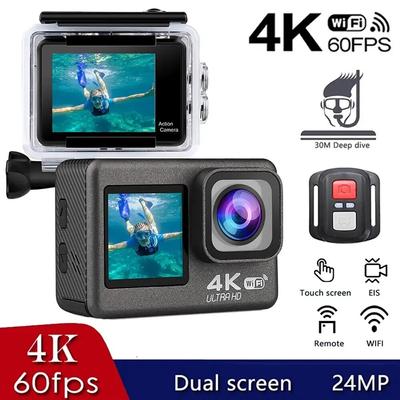 Экшн-камера 4K 60FPS 24MP 2.0 Сенсорный ЖК-дисплей EIS Двойной экран Wi-Fi 170D Водонепроницаемость 30 м Пульт дистанционного управления 4-кратный зум Go Sports Pro Cam