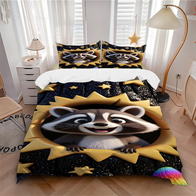 3pcs Raccoon Sun Duvet Cover Set -Includes 1 Duvet Cover and 2 Pillowcases, No Quilt Core, All-Season Home Decor yy251111152
