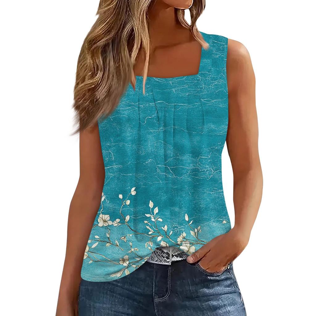 Женская плиссированная футболка без рукавов с квадратным воротником и принтом