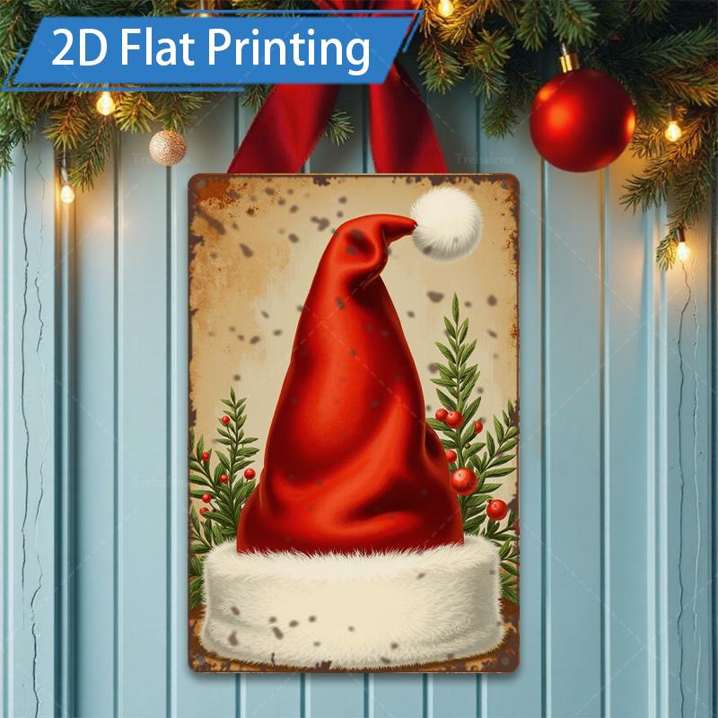 D FLAT pc Metal Sign Christmas Birds Santa Hat D Flat Print Metal Art