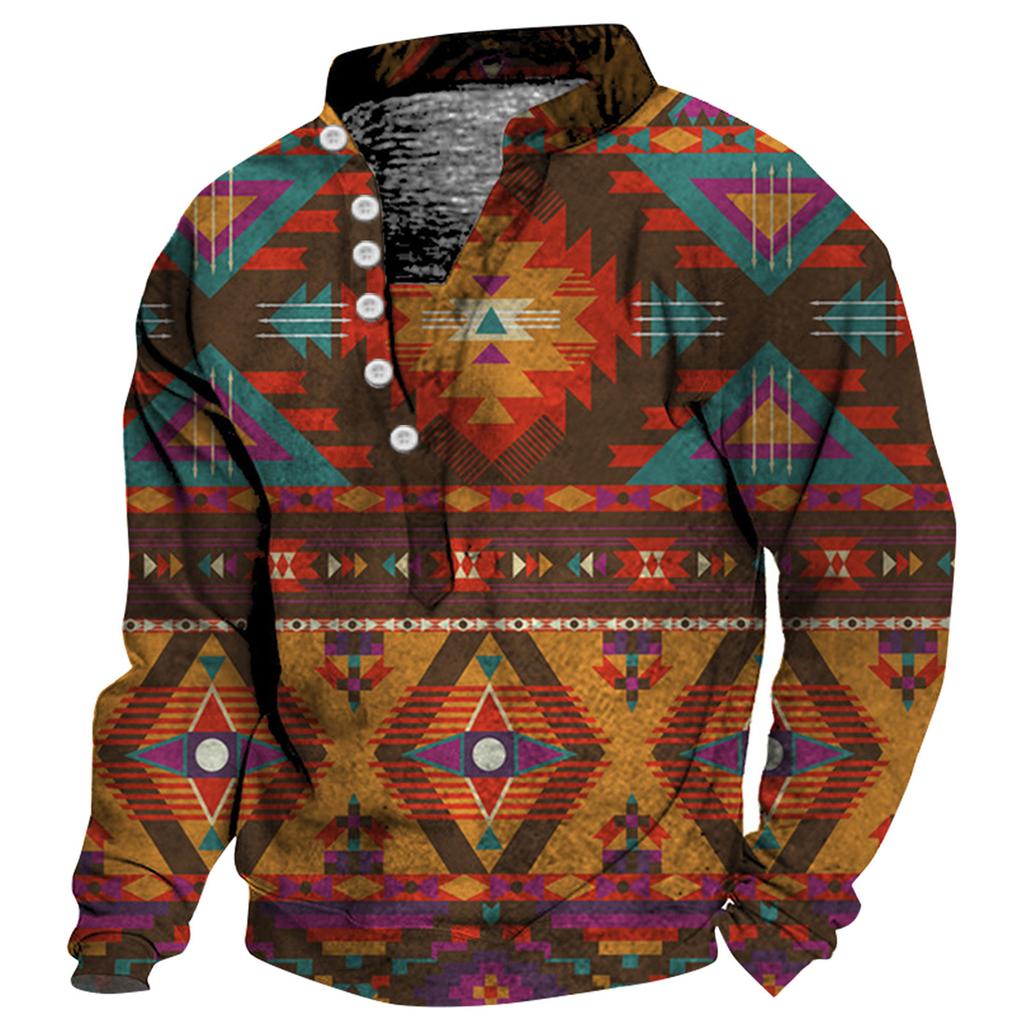 Мужской свитер с v-образным вырезом и воротником-стойкой с 3D цифровой печатью и винтажным воротником на 6 пуговицах