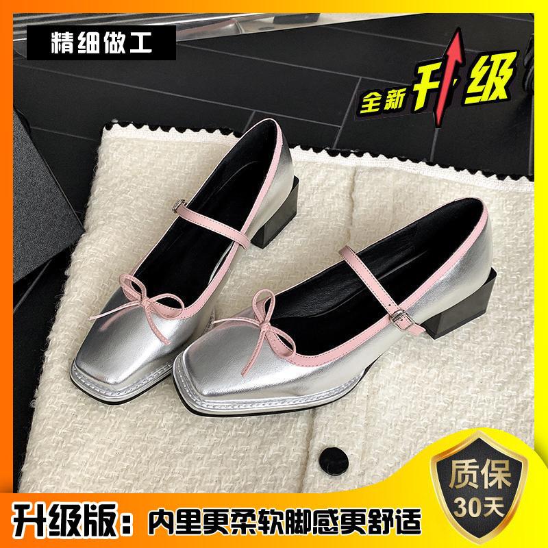 Осенние туфли с бантом женские с юбкой сказочные туфли одно слово с французским средним каблуком толстый каблук Мэри Джейн маленькие кожаные туфли