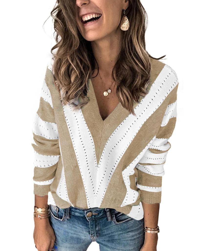 Azura Exchange Полосатый вязаный свитер с V-образным вырезом Color Block