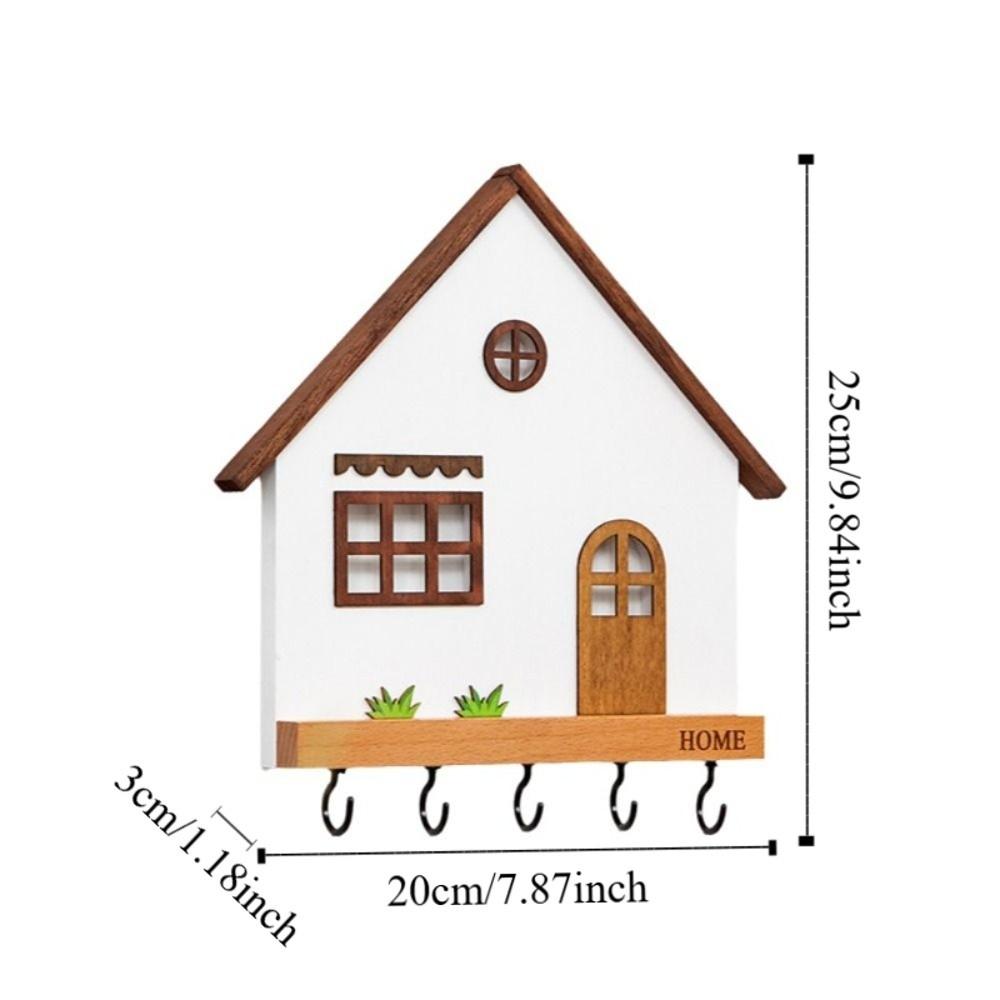 Wooden Wall Mount Key Holder 5-Hook Design House Shape Decorative Hooks Rustic Multi-Purpose Key Rack Bedroom Decorative Shelf