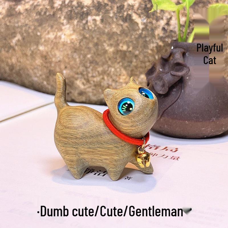 Handmade Green Sandalwood Carved Cat: Playful, Curious, Confident Pet Sculpture
