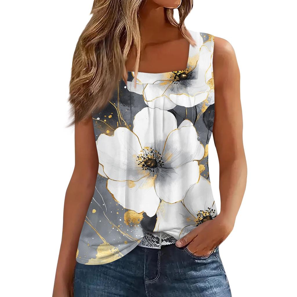 Women's Pleated Square Collar Sleeveless Vest Print T-shirt