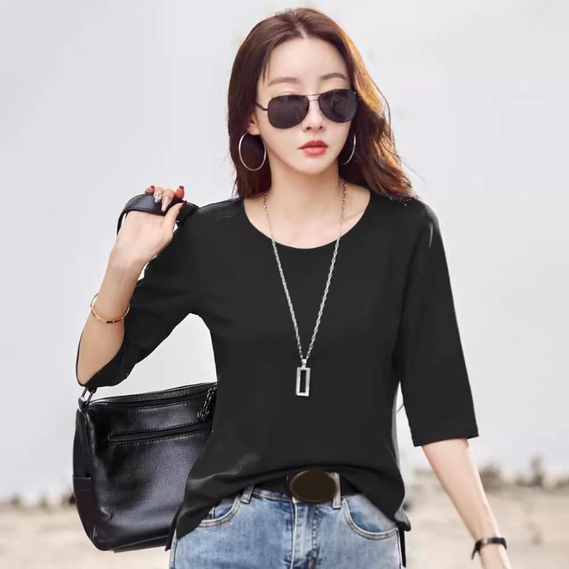 Summer T Shirt Women Cotton O-Neck Streetwear Tshirt Short Sleeve Solid Color Three Quarter Sleeve Tee Shirt Femme Sexy