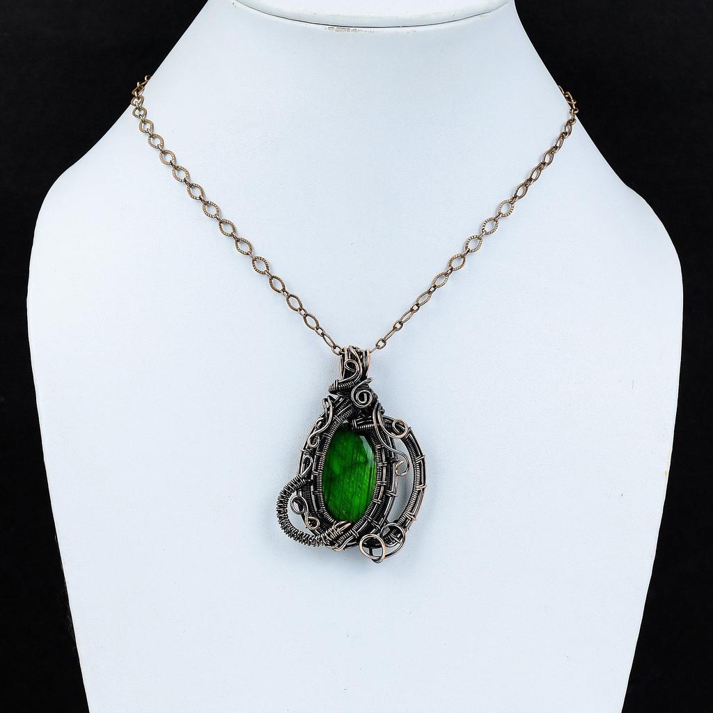 Кулон из зеленого огненного лабрадорита, медная проволочная обертка, драгоценный камень, медные украшения, подвеска ручной работы, подарок на помолвку, изящные проволочные обертки