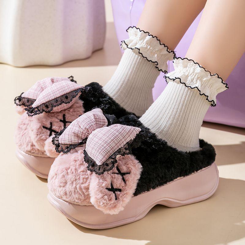 Новые пушистые тапочки с бантом для женщин, зимние теплые меховые шлепанцы, женские тапочки-облака, теплые плюшевые тапочки для девочек-подростков на платформе, домашняя обувь