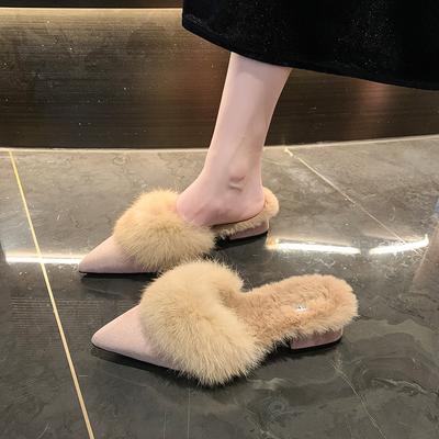 Французские пушистые тапочки с острым носком, женская уличная обувь, новинка 2025 года, осенне-зимние вечерние тапочки из хлопка на толстом каблуке