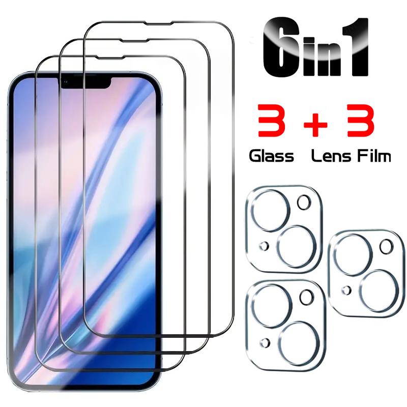 6 в 1 [3 стекла объектива + 3 стекла экрана] Защитная пленка на весь экран из закаленного стекла для Apple iPhone 16 15 14 13 12 11 Pro Max Promax Plus mini