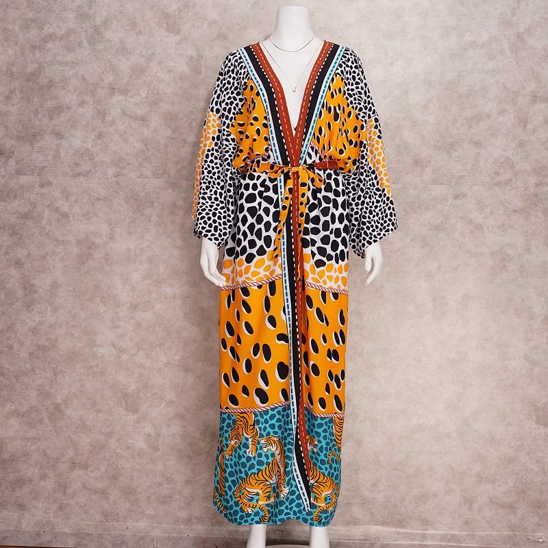 EDOLYNSA Boho Printed Kimono Dress Tunic Women Summer Clothes Plus Size Long Sleeve Bikini Wrap Dress Beach Wear Swim Suit Cover Up Q1414