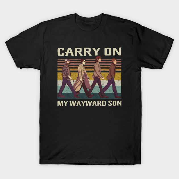 Asian Size Men Black Print T-shirt Carry On My Wayward Son Abbey Road, Winchester Supernatural No-Cut Heat Transfer Print Cotton Tshirt