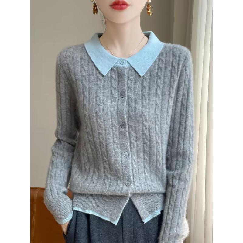 POLO воротник небольшой поворот короткий цветной блок вязаный кардиган женский пуловер свитер рубашка низ куртка