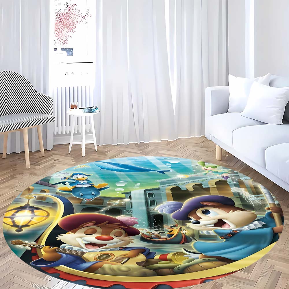 Cute Chip 'n' Dale print round floor mat, home rug decoration, cartoon welcome doormat, non-slip and stain-resistant.