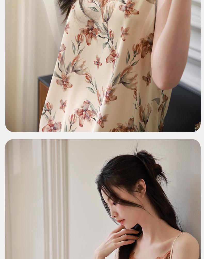 Xuan Liang Women's Summer Thin Ice Silk Strap Sexy Lace Pajama Dress