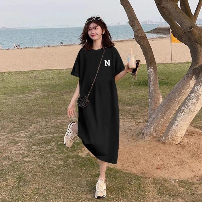 Short-sleeved T-shirt women's split-ended fat MM large size loose ins new summer hip-wrapped knee-thin dress top trendy