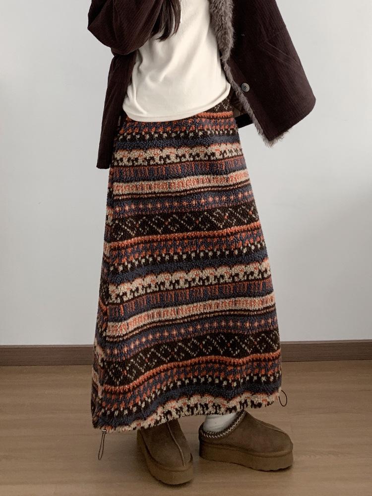 Женская флисовая юбка средней длины в стиле ретро Fair Isle - этнический стиль, кулиска по подолу, двустороннее ношение для осени/зимы