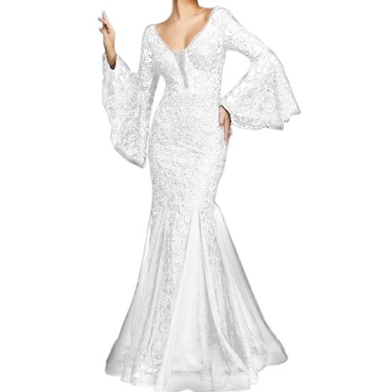 Женское вечернее платье с V-образным вырезом, прозрачной кружевной вышивкой, расклешенными рукавами, бальное платье А-силуэта, подол «рыбий хвост», облегающее коктейльное вечернее платье, выпускной, банкетное платье макси