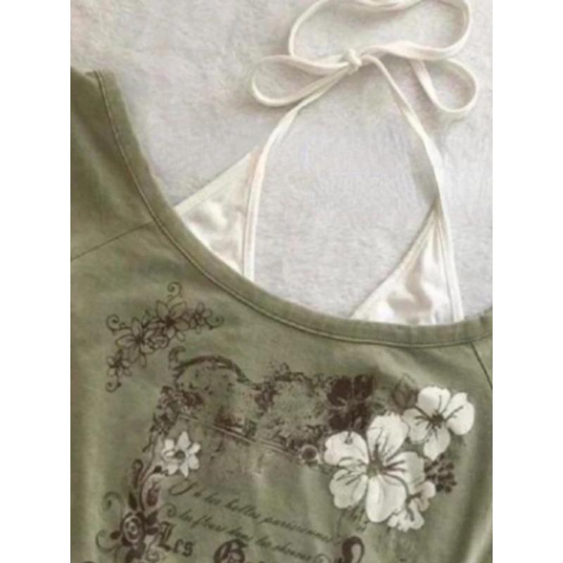 Летние поддельные две части бретелька через шею бандаж винтажные футболки Y2k эстетика тонкий укороченный топ женский гранж принт Harajuku повседневная сексуальная футболка