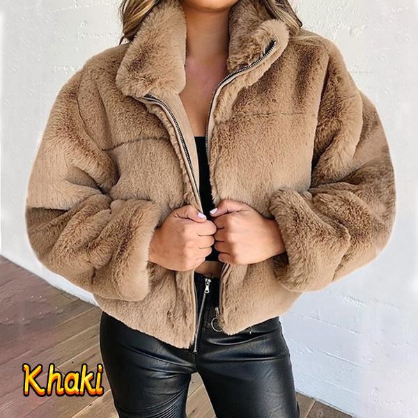 Women Autumn Winter Rabbit Fur Zipper Hooded Coat Warm Plush Cardigan Sweaters Solid Color Jacket Fashion Hoodies for Ladies