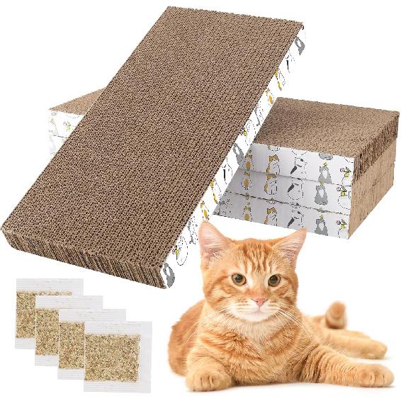 PatiencET Cat Scratching Board 4 Pack, Cardboard Cat Scratcher with Catnips, Flat Double-Sided Cat Scratch Pad for Indoor Small Medium Cats Kittens