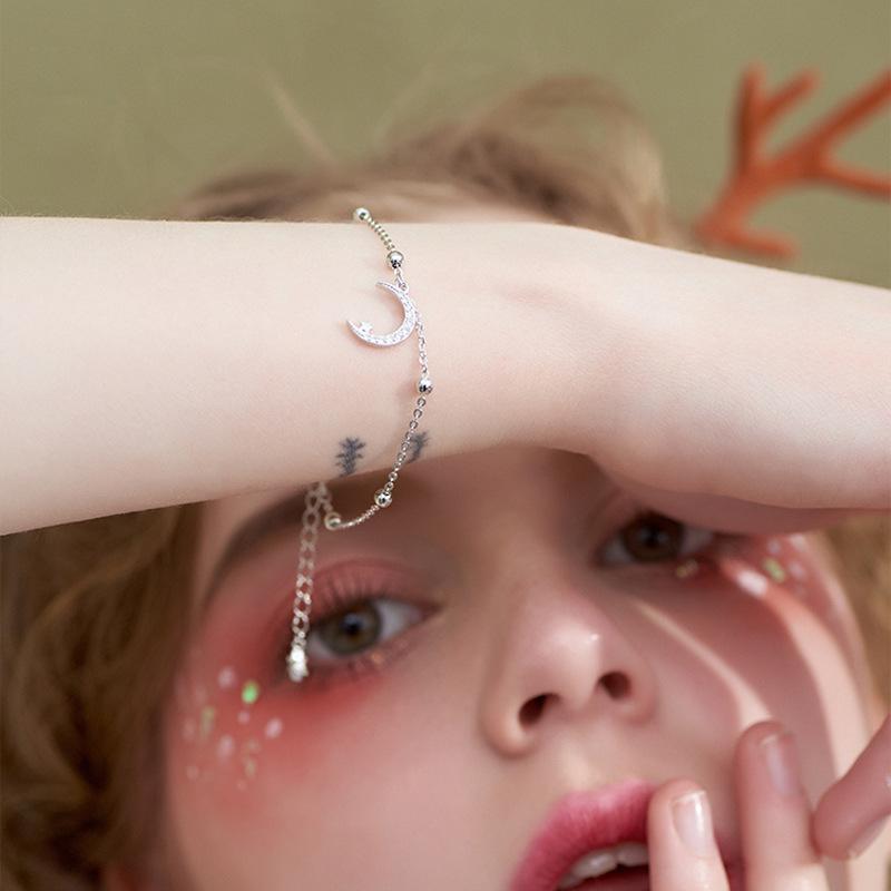 Серебряный браслет S925, маленький свежий браслет для женщин, милый блестящий браслет в форме полумесяца, круглый браслет из бисера со звездой и луной