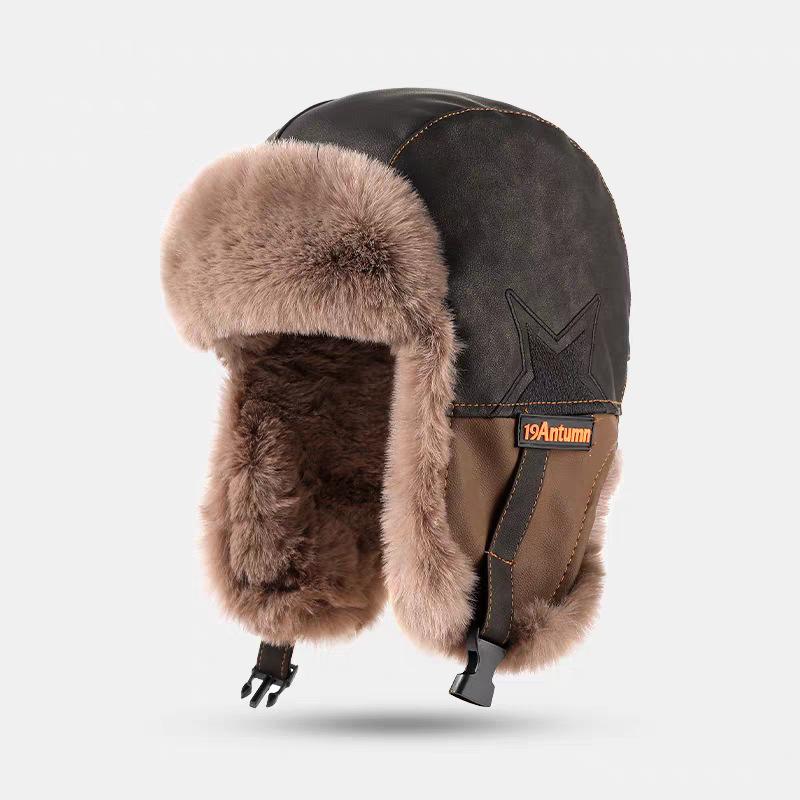 Cap Men's and Women's Winter Velvet Thickened Warm Cycling Ear Hat Leather Color Matching Five-star Pilot Hat