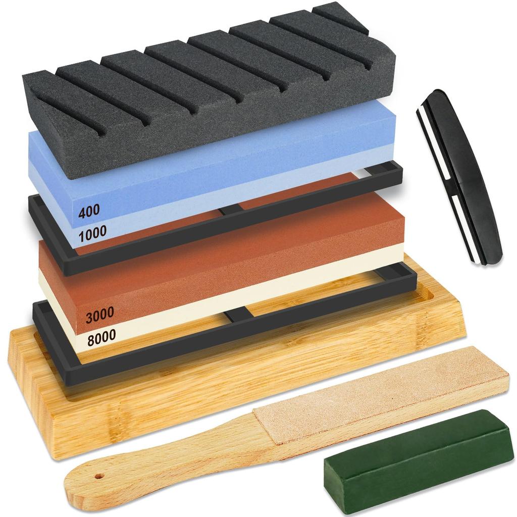 Из 9 брусков для заточки ножей, грубая средняя отделка, большой шлифовальный брусок, заточка ножей с фиксированным углом, держатель из бамбуковой кожи, синий, для дома, руководство