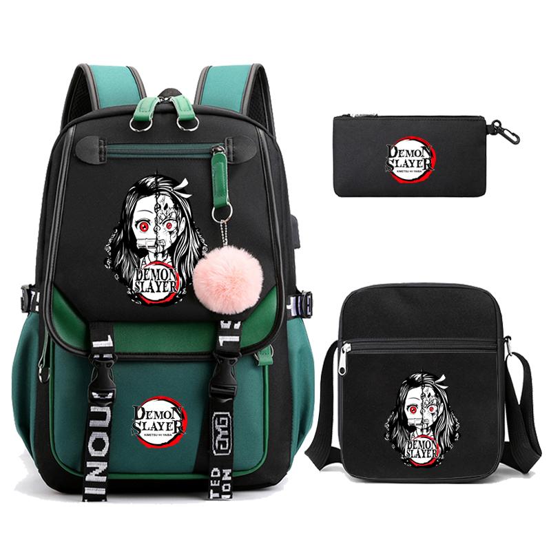 3Pcs/set Demon Slayer Kamado Nezuko Backpacks for Girls Anime School Bag Teenager Student Canvas Laptop Back Pack Women Rucksack