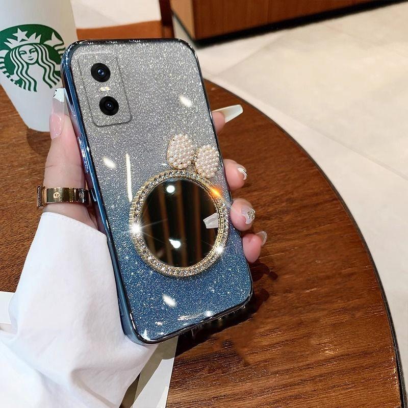 For infinix GT10 GT20 GT30 Pro Case with Bow Makeup Mirror Luxury Shiny Gradient Clear Plating Glitter Girls Slim