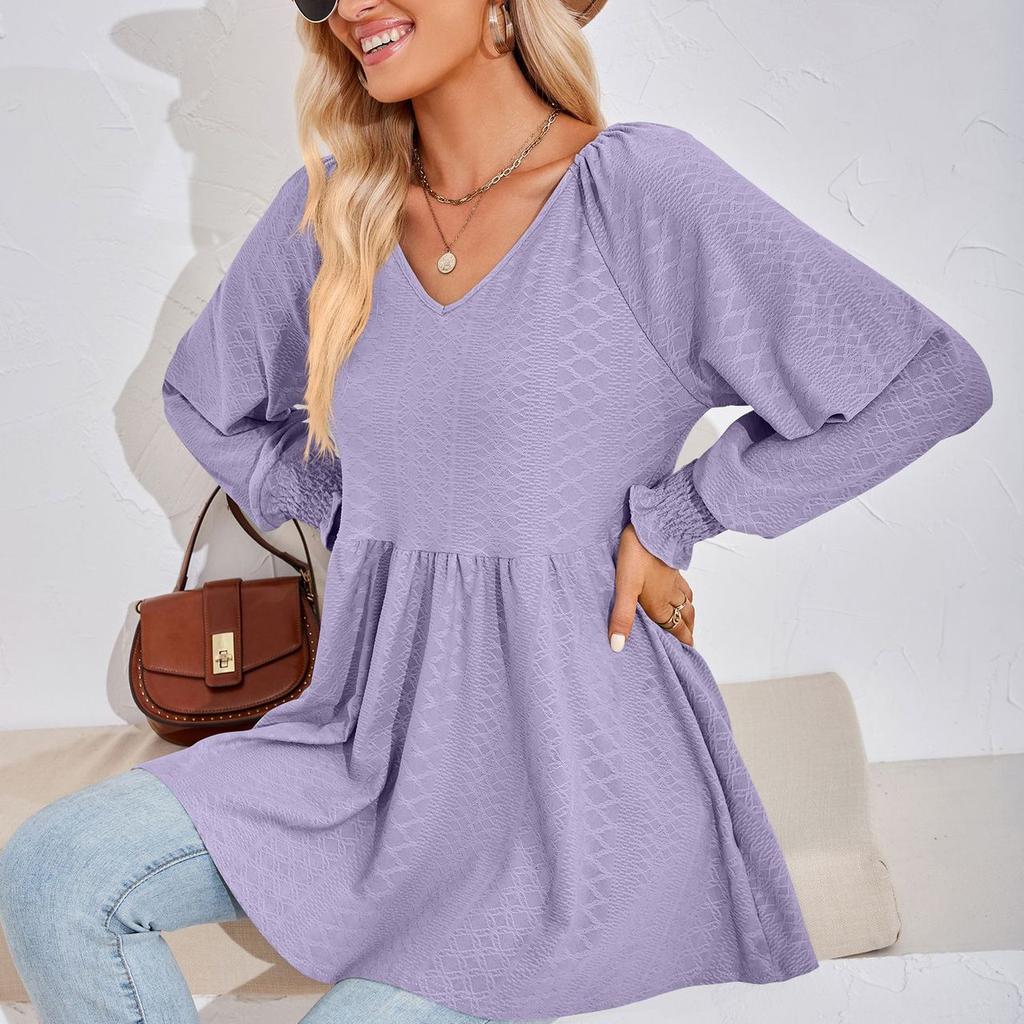 Осенне-зимний топ для женщин, однотонная лоскутная свободная футболка с v-образным вырезом и жаккардовым длинным рукавом