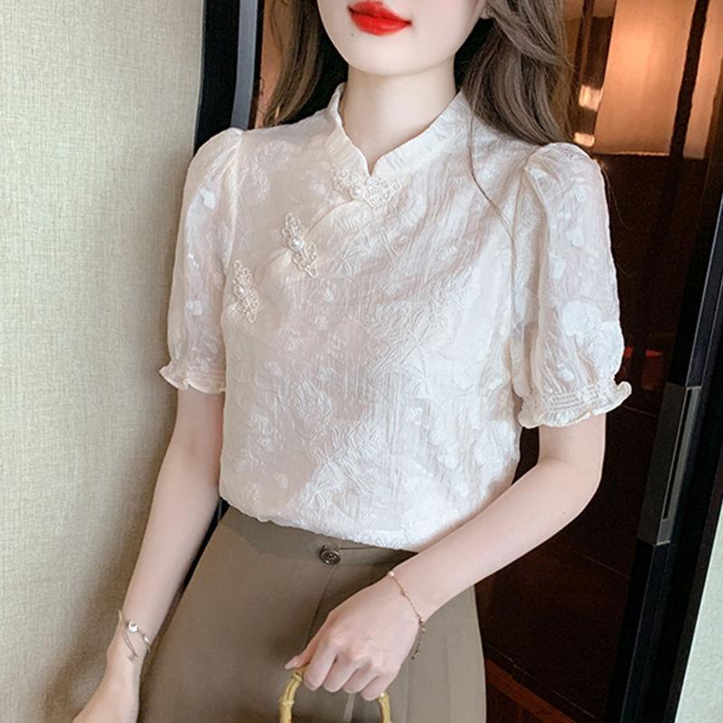 Chinese Style Button Up Short Sleeved Chiffon Shirt for Women's Unique and Beautiful Summer Top