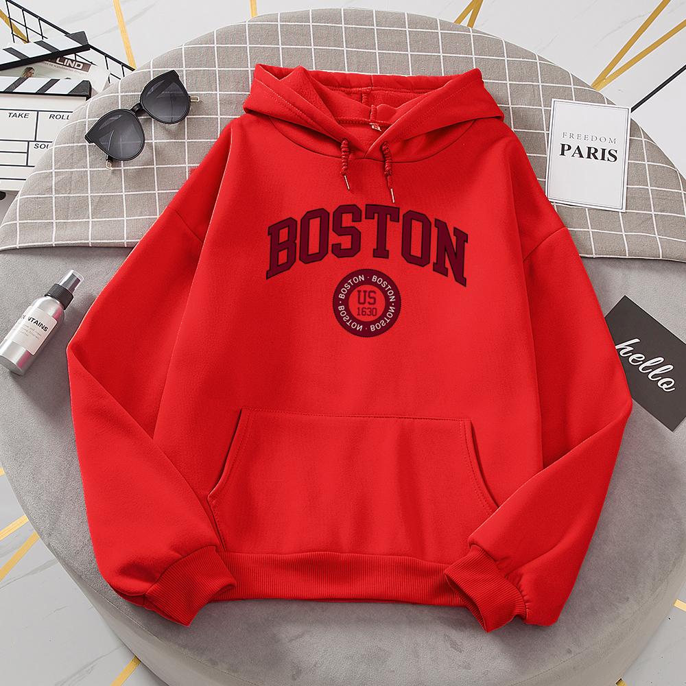 Толстовки с капюшоном Boston City Us, основанные в 1630 году, женские теплые удобные пуловеры, модные повседневные женские базовые толстовки с капюшоном