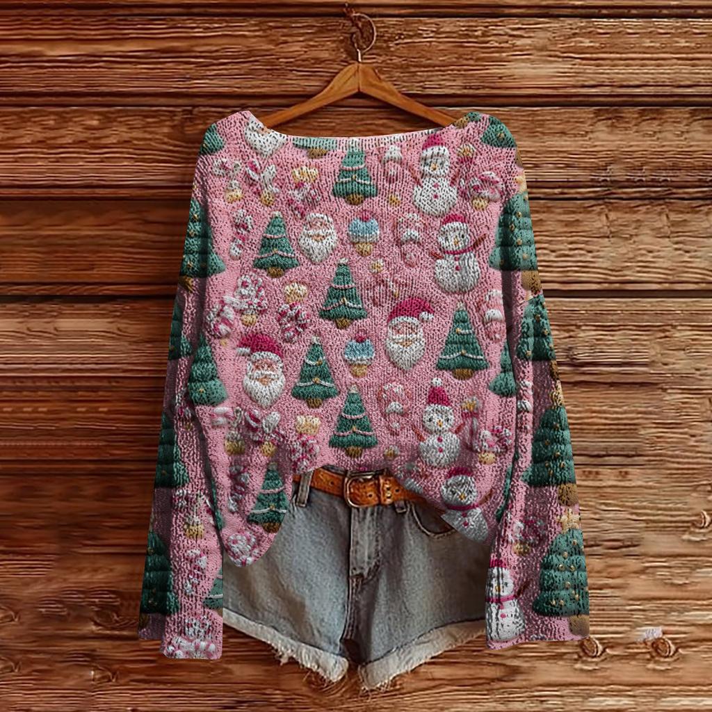 Women's Christmas Print Lightweight Sweater Casual Long Sleeve Knitted Pullover
