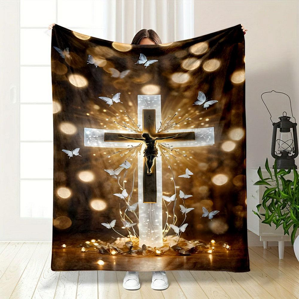 Glowing Cross Butterfly Blanket Printed Blanket for Living Room Bed Couch lunch break Soft Cozy Blanket for Friend's festival Gift