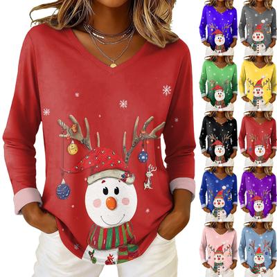 Женский повседневный топ с V-образным вырезом и длинными рукавами с рождественским принтом