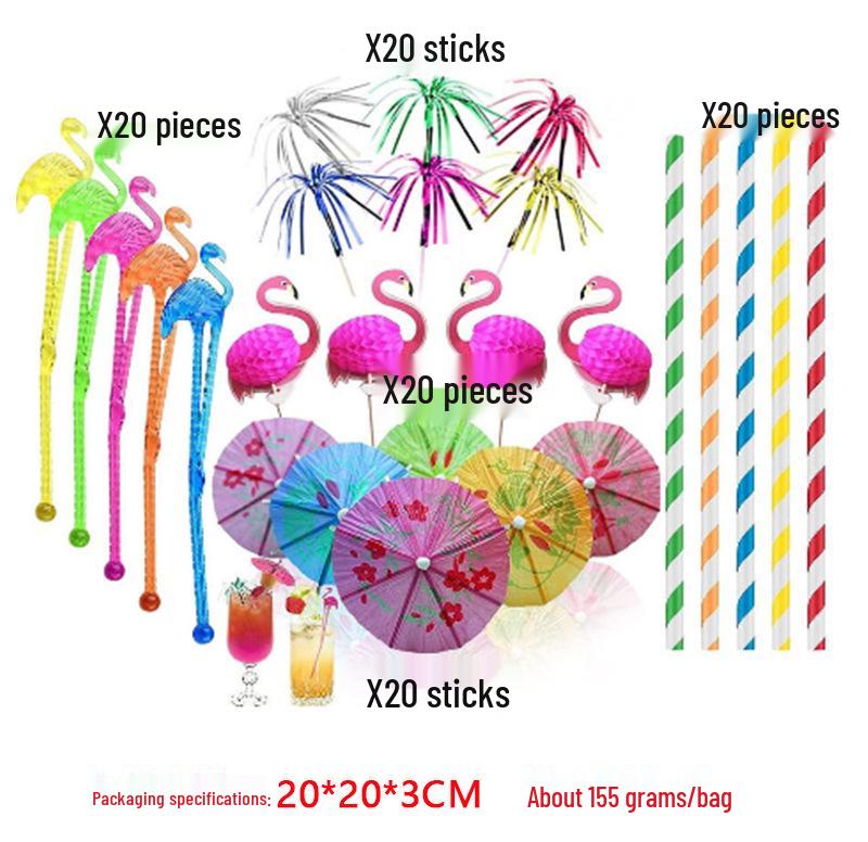 Hawaiian Party Set: 100PCS Colorful Paper Straws, Umbrella Picks, Fruit Picks, Honeycomb Pineapples, Flamingos, Firework Picks