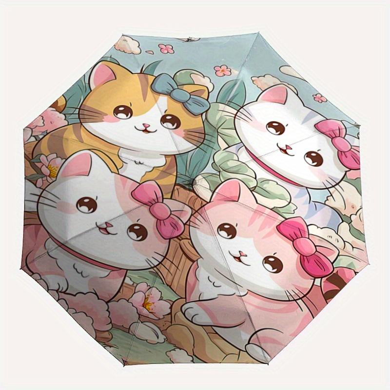 1pc Cartoon Cute Four Kittens Pattern Automatic Cartoon Umbrella is Fashionable and Good-Looking, a Portable 3-Fold Umbrella, Suitable for T