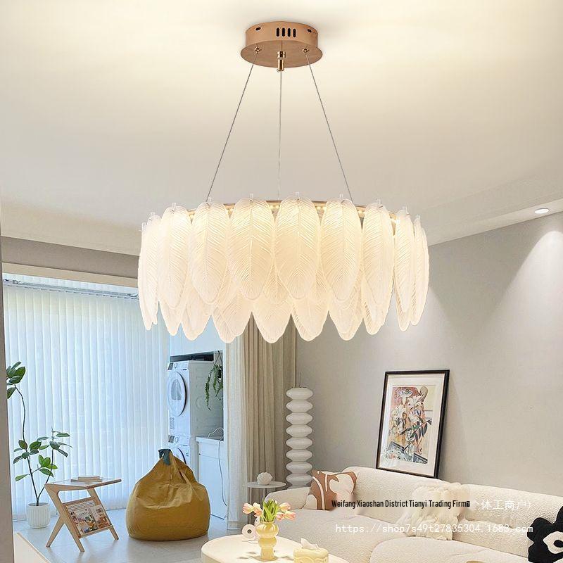 Modern French Cream Feather Pearl Chandelier - Stylish Post-Modern Living Room and Bedroom Lighting
