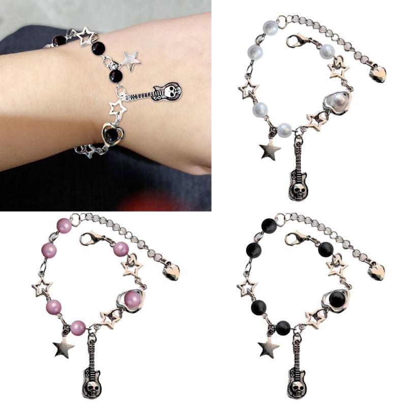 Стильный браслет на руку с сердечками, звездами и черепами, модная цепочка на запястье из бусин, ювелирный шарм для меломанов и законодателей моды