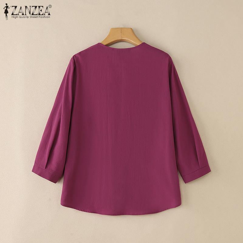 ZANZEA Women Casual V-Neck Solid Color Loose 3/4 Sleeve Cotton Blouse
