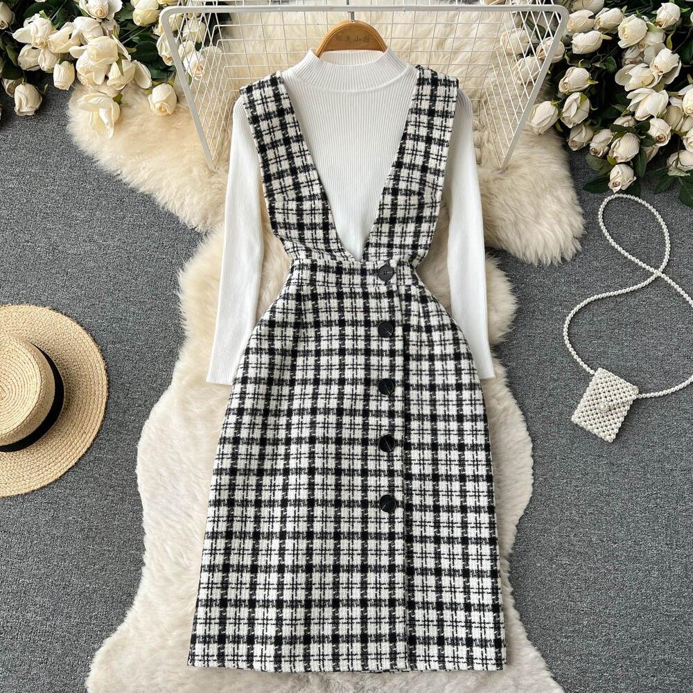 Autumn And Winter Fashionable Knitted Sweater + Bird Check Single-Breasted Straps Skirt Two-Piece Set