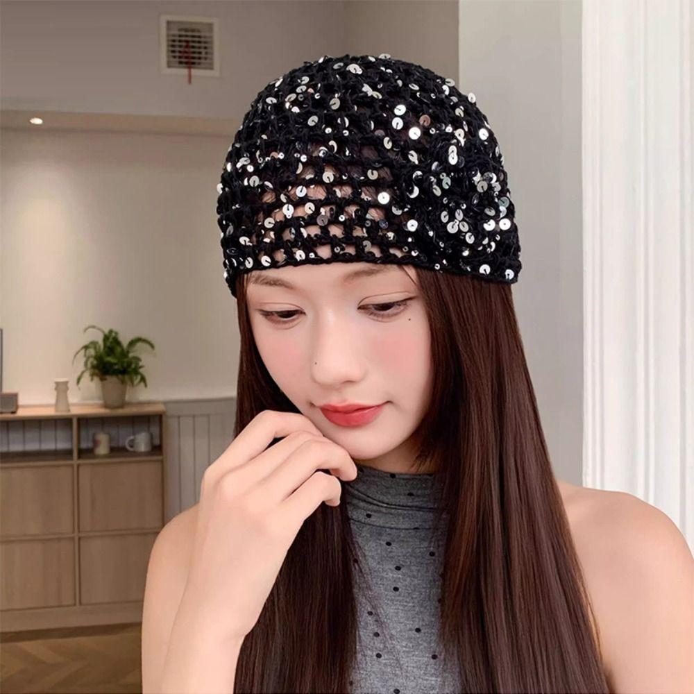 Thin Crochet Sequined Hat Flower Bohemian Style Beanies Cute Hollowed Out Knitted Hat Pullover Hat