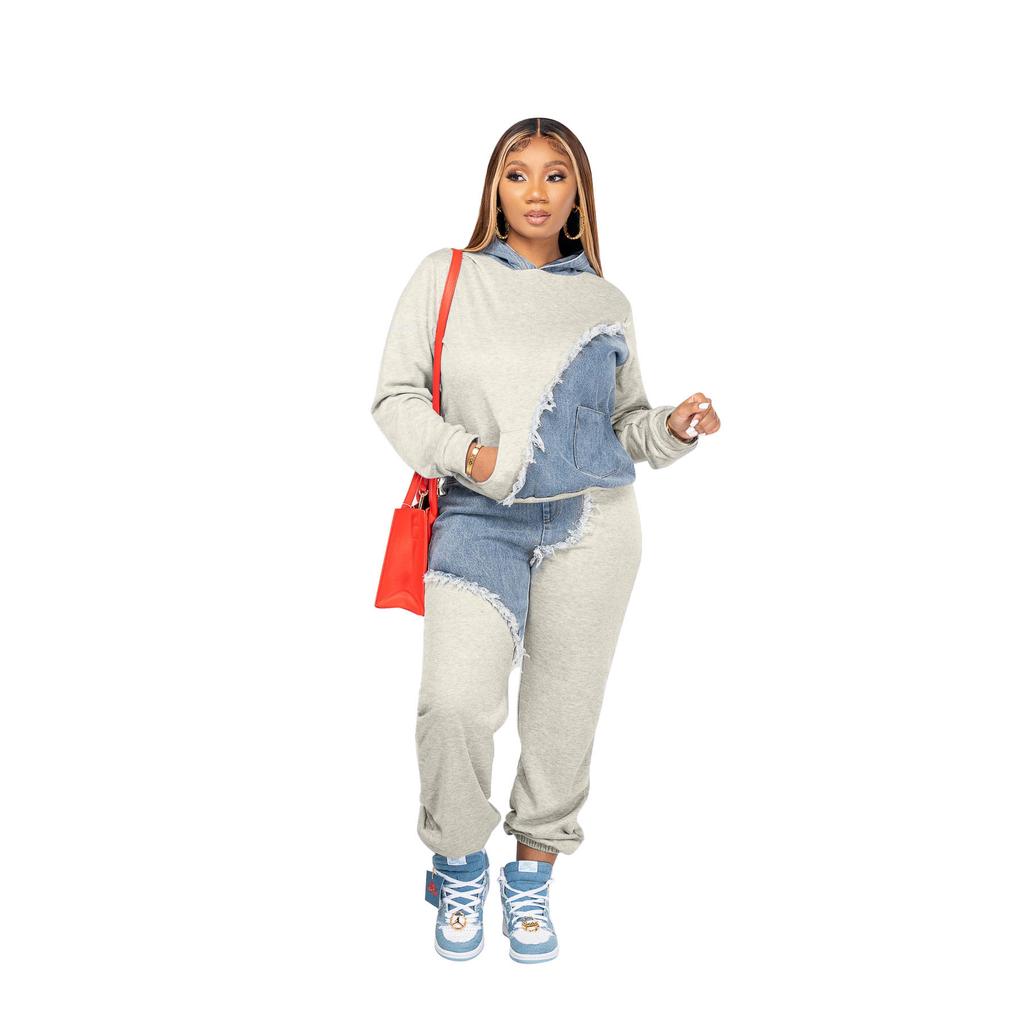 Women Two Piece Sets Tracksuit Autumn Jeans Splicing Hooded Top Sweatshirts Pocket Jogger Pants Suit Loose Female Office Lady