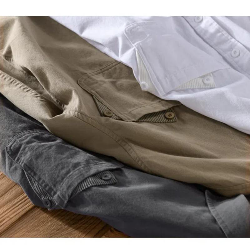 Весенне-летняя рубашка с длинным рукавом для мужчин в корейском стиле, рабочая одежда для мужчин, топы с воротником-лацканами и карманами, хлопковая рубашка, простая мужская одежда