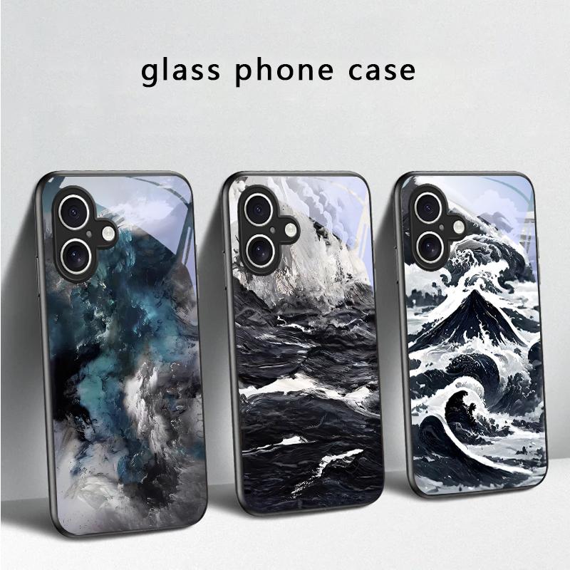 Абстрактные Современные Волны Для iPhone 17 Air 16 E 15 Plus 14 Pro Max 13 12 mini 11 5 6 7 8 Plus XR XS Max SE Черный Стеклянный Чехол для Телефона