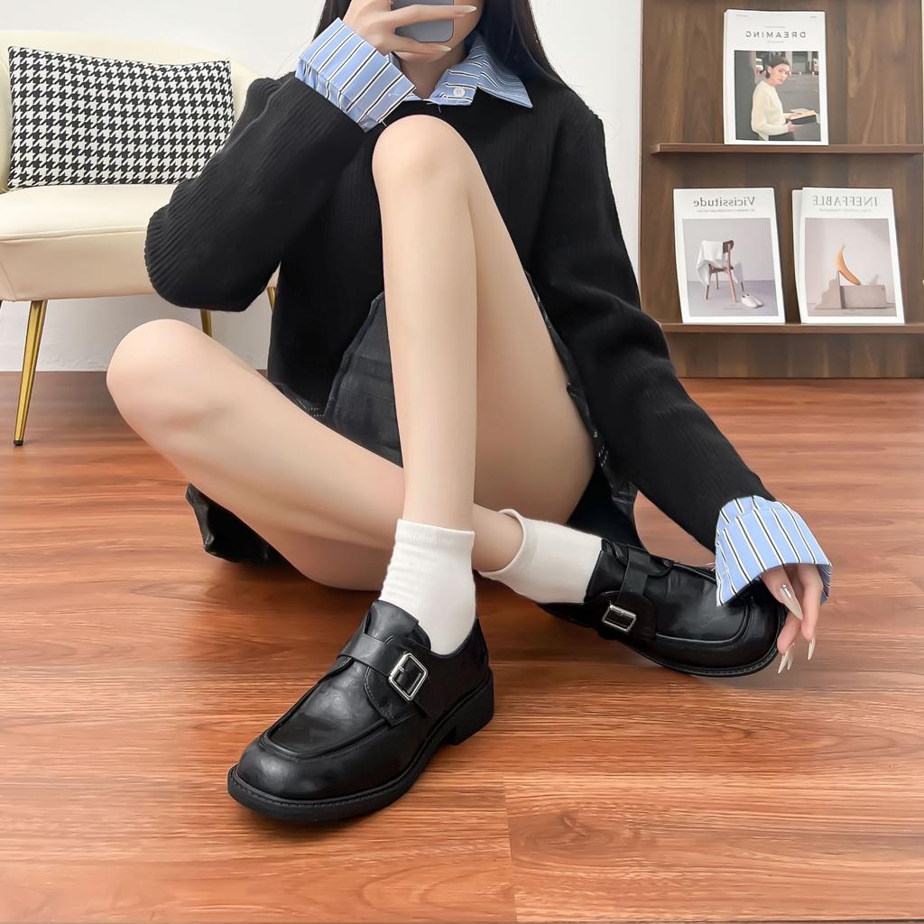 Grape Mother Platform Small Leather Shoes Women Small Height Increase Loafers British Style Retro Uniform Single Shoes Women's High Sense