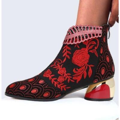 Женские винтажные туфли большого размера в этническом стиле, короткие сапоги на массивном каблуке с вышивкой